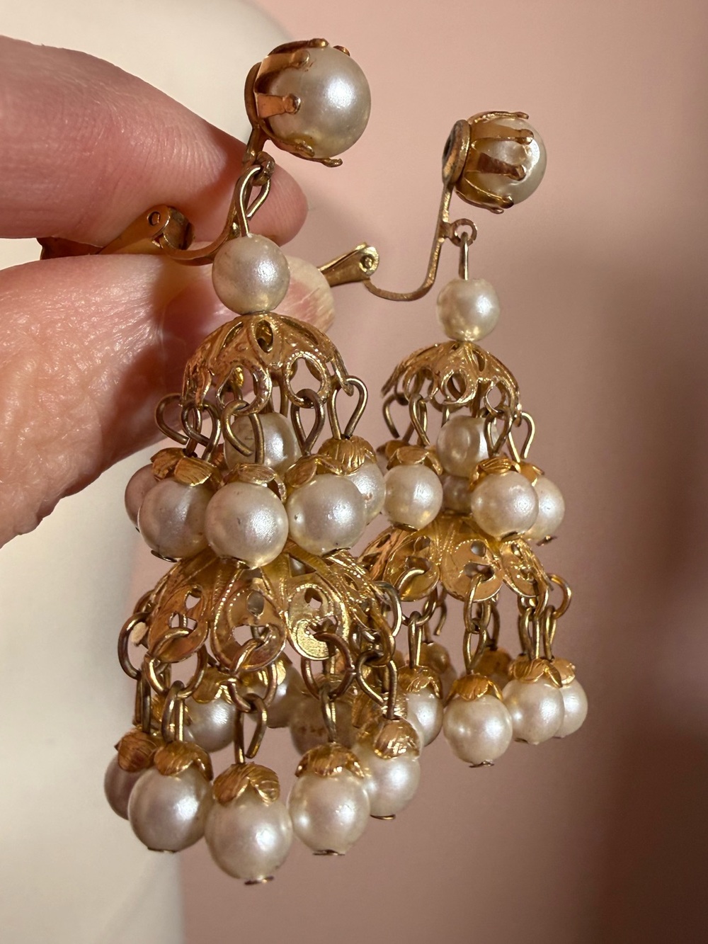 Vintage 1960’s gold faux pearl tiered Chandelier earrings